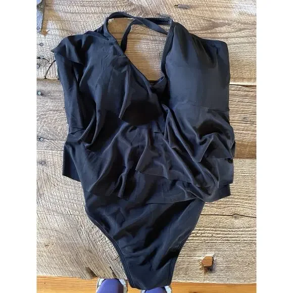 Beyond Control Swimwear Ruffle Black Solid One Piece Swimsuit NWOT 16 $139 - Picture 4 of 6